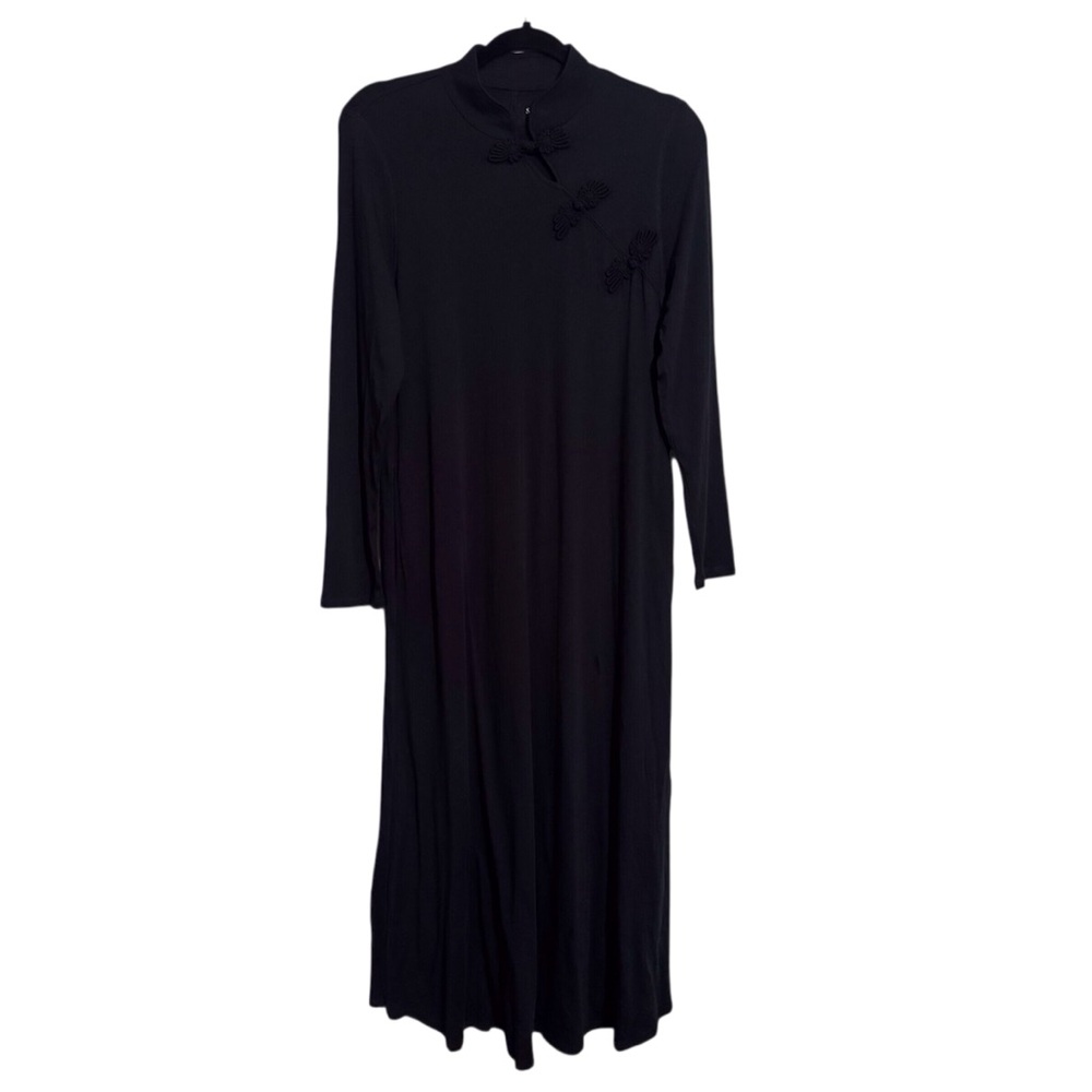 Soft Surroundings Petite Medium Black Cheongsam Maxi Dress Stretch Pockets Asian